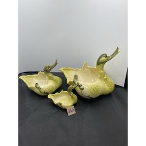 Set of 3 Hull Green Ceramic Duck Swan Mother #80 Baby Planter Ashtray Dish MCM‎